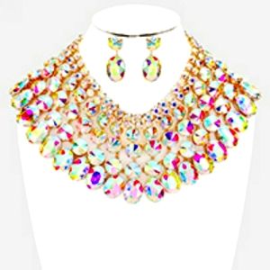 Clear AB Rhinestone  Crystal Gold Bib Necklace  Collar Set